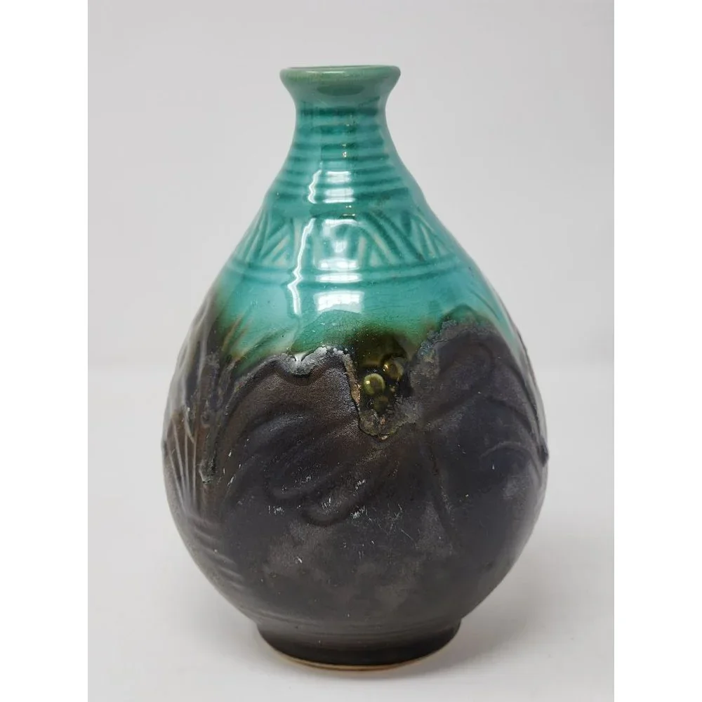 Vintage Drip‎ Glaze Vase Matte Chocolate And Turquoise